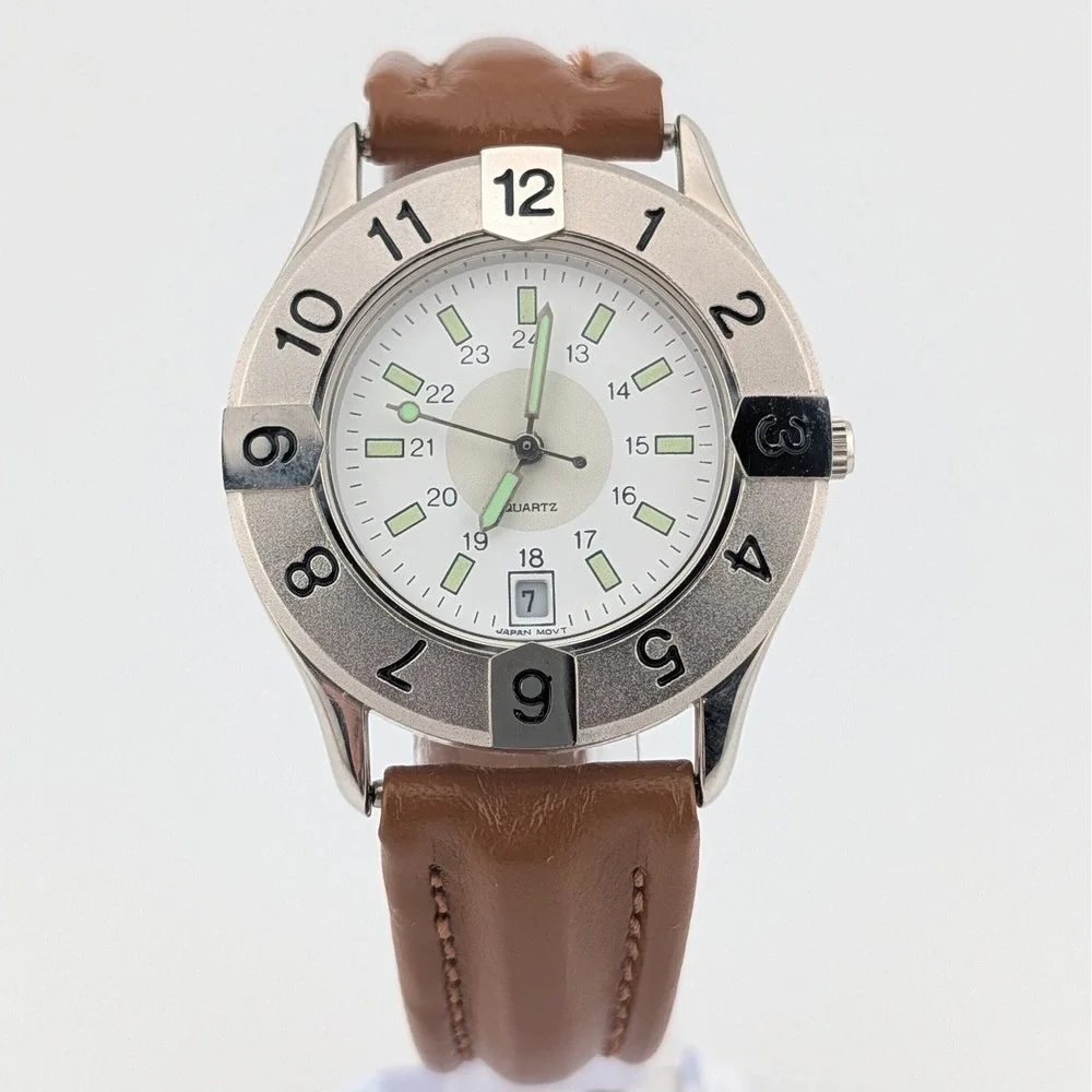 Avon Y2K Number Bezel Watch Green Markers‎ Brown Leather Strap